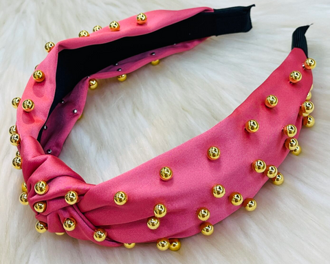 Pink Satin Golden Pearl Headband