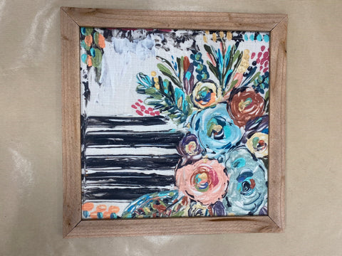 Floral Striped Vase Hand Painted Framed Painting, 18" x 18"