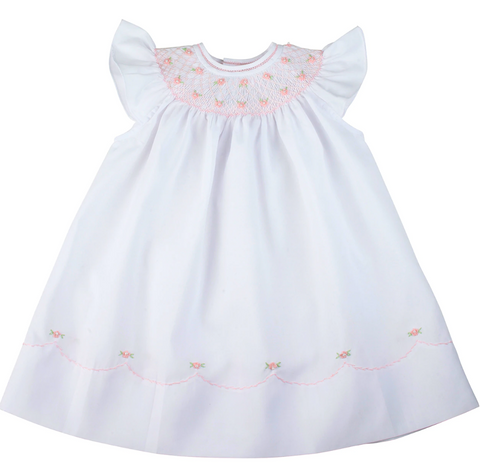 White and Pink Pearl Flower Fly Sleeve Bishop Dress