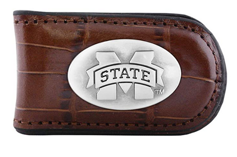 Mississippi State Bulldogs Crocodile Brown Leather Magnetic Money Clip