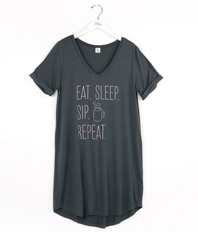 V-Neck Sleep Repeat Charcoal Sleep Shirt