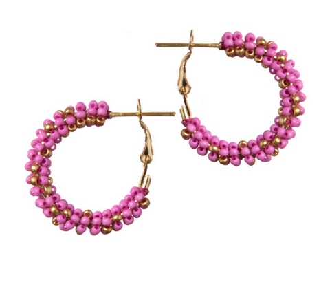 Pink Seed Bead Hoop Earrings