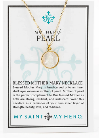 Blessed Mother Mary Mother of Pearl Gold Necklace