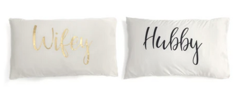 Set of 2 "Hubby/Wifey" Standard Ivory Pillowcases