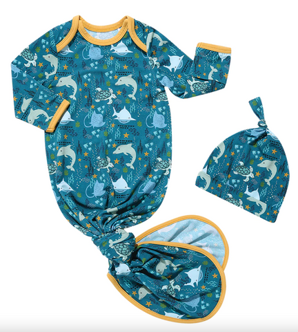 Ocean Friends Bamboo Swaddle Knotted Gown and Hat Newborn Baby Gift Set