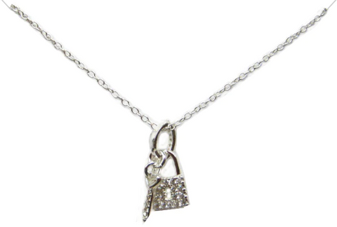Lock & Key Chain with CZ necklace/ Silver