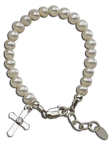 Lacey - Sterling Silver Pearl Cross Bracelet for Baby or Girls