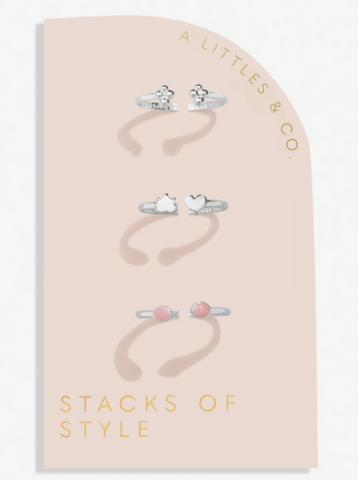 Stacks Of Style Set Of 3 Rings In Pink Enamel And Silver Plating