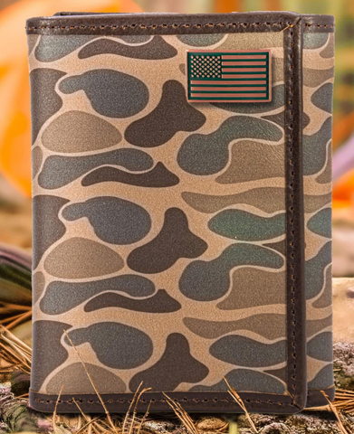 USA FLAG MEN'S TRIFOLD OLD SCHOOL CAMO LEATHER WALLET