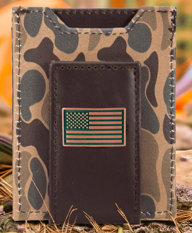 USA FLAG MEN'S MAGNETIC FRONT POCKET OLD SCHOOL CAMO LEATHER WALLET