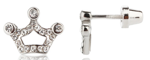 Sterling Silver Princess Tiara Crown Earrings with Screw Backs