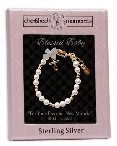 14K Gold Plated Pearl Baptism Cross Bracelet for Infant Newborn