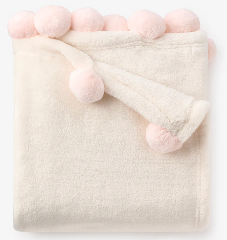 PALE PINK POM TRIM FLEECE BABY STROLLER BLANKET