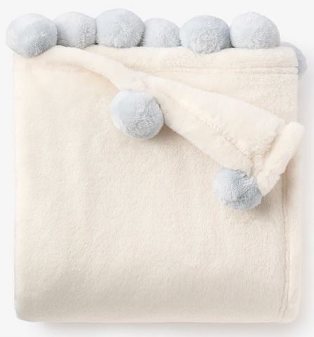 PALE BLUE POM TRIM FLEECE BABY STROLLER BLANKET