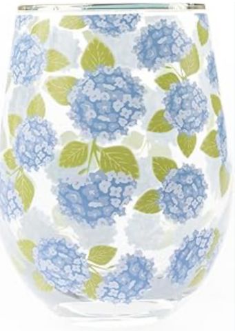 Blue Hydrangea Stemless Wine Glass