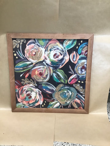 Floral Hand-Painted Framed Painting with Black Background, 18" x 18"