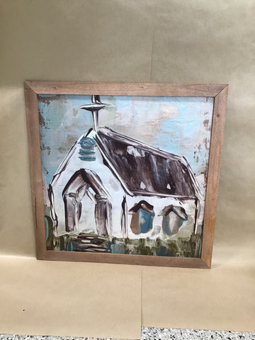 Hand-Painted Church Framed Painting, 24" x 24"