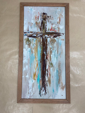 Cross Hand-Painted Framed Painting, 18" x 36", bridal