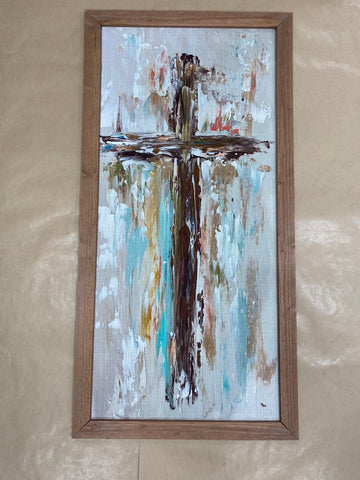 Cross Hand-Painted Framed Painting, 18" x 36"