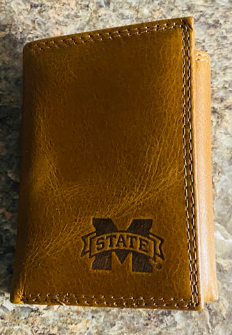 Mississippi State Bulldogs Tan Leather Embossed Trifold Wallet