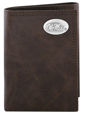 Ole Miss Rebels Wrinkle Brown Leather Trifold Concho Wallet