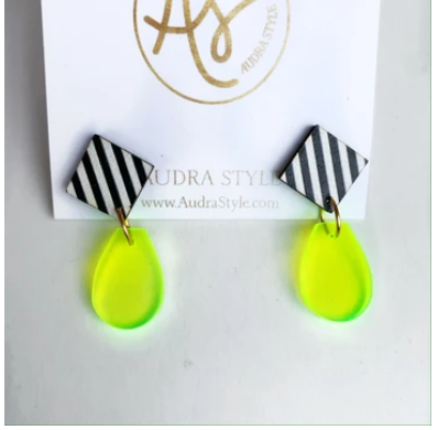 Claire Black/White Stripe with Clear Neon Yellow Earrings