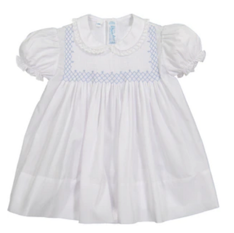 White and Blue Vintage Smocked Bodice Dress