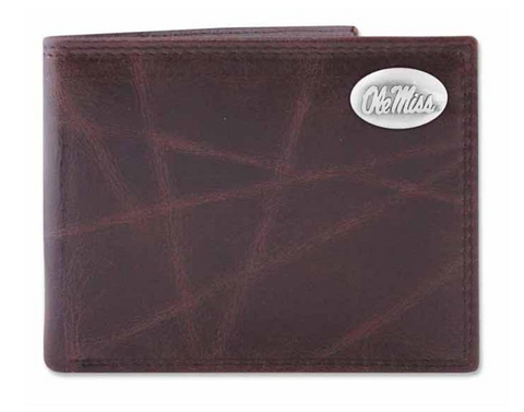 Ole Miss Rebels Wrinkle Brown Leather Bifold Wallet