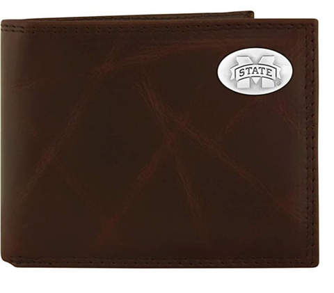 Mississippi State Bulldogs Wrinkle Brown Leather Bifold Wallet