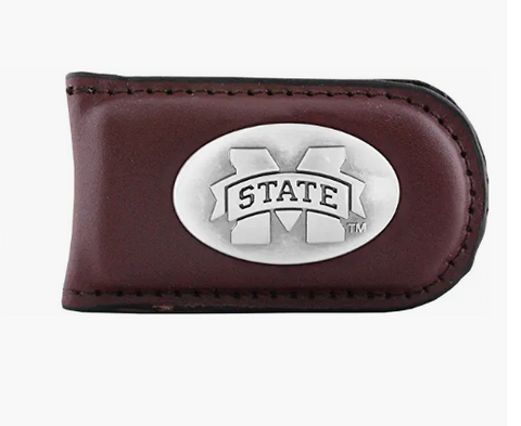 Mississippi State Bulldogs Smooth Brown Leather Magnetic Money Clip