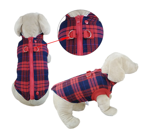 Red Plaid Winter Coat with Thick Fleece Zipper Closure and Leash Ring