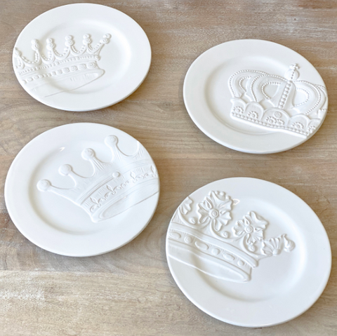 Royal Crown White Embossed Plates, Set of 4