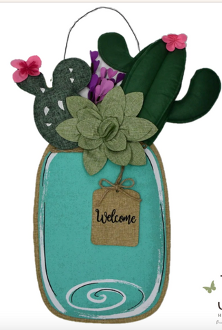 Cactus Mason Jar Burlap Door Hanger