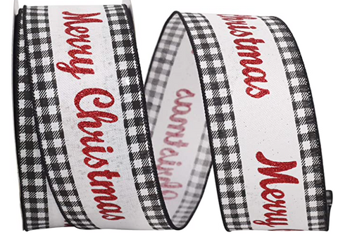 Merry Christmas Glitter Gingham Wired Edge Ribbon