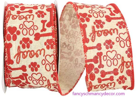 Dog Bone and Paws Hopsack Wired Edge Ribbon
