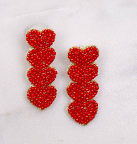Hearts Beaded Earrings in Red