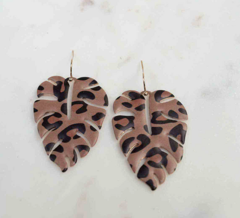 Leopard Monstera Leaf Earrings in Camel